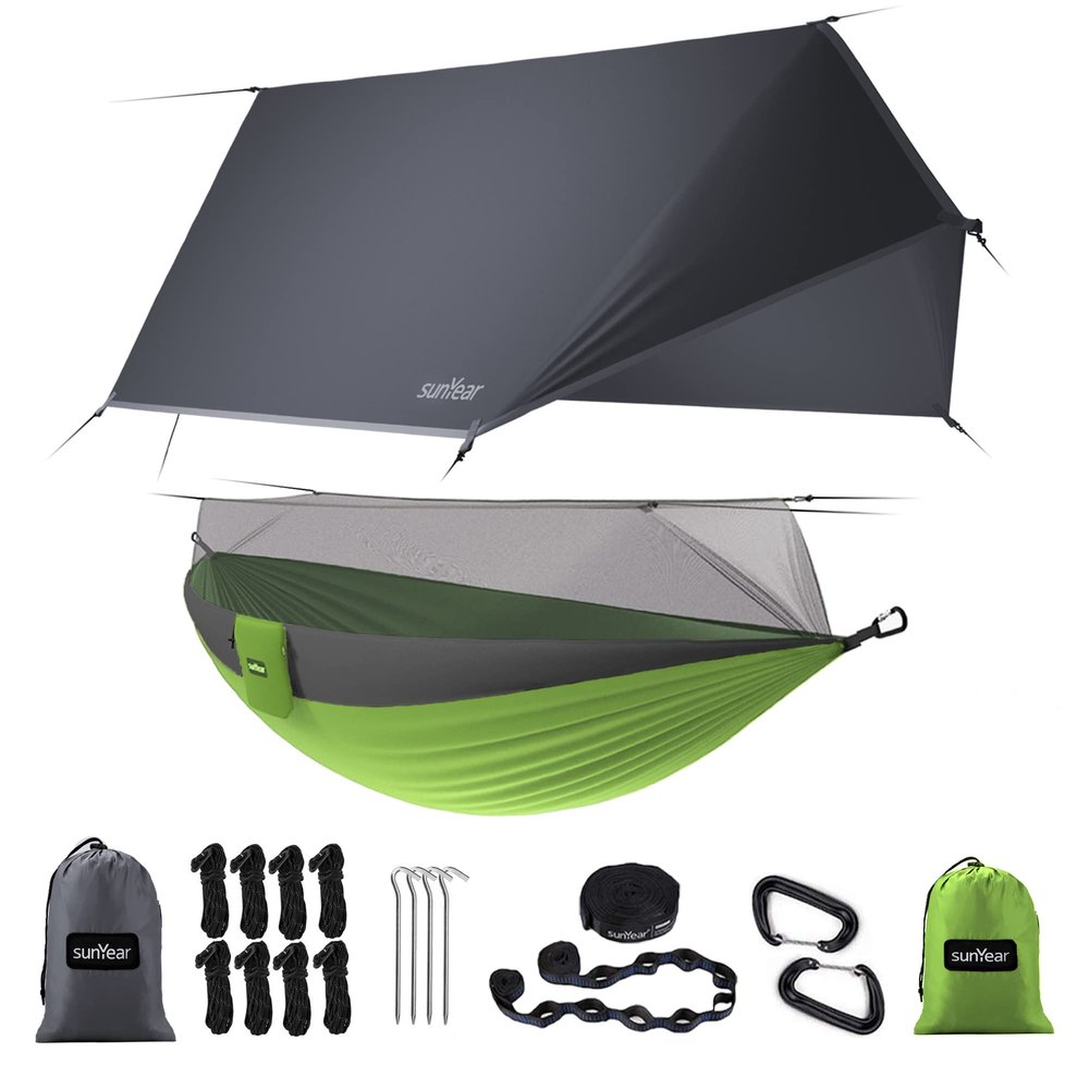 Sunyear Camping Hammock-Hammocks with Net and Rain Fly Tarp - Portable Single&Double Lightweight Nylon Parachute Hammocks with Hammock Tree Straps for Backpacking Hiking Travel Camping Indoor Outdoor