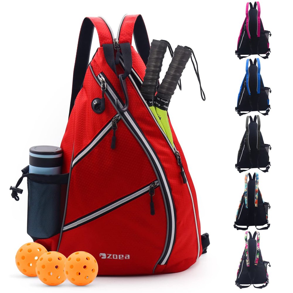 ZOEA Pickleball Sling Bag, Adjustable Pickleball Backpack with Water Bottle Holder, Fits 4 Paddles, Red