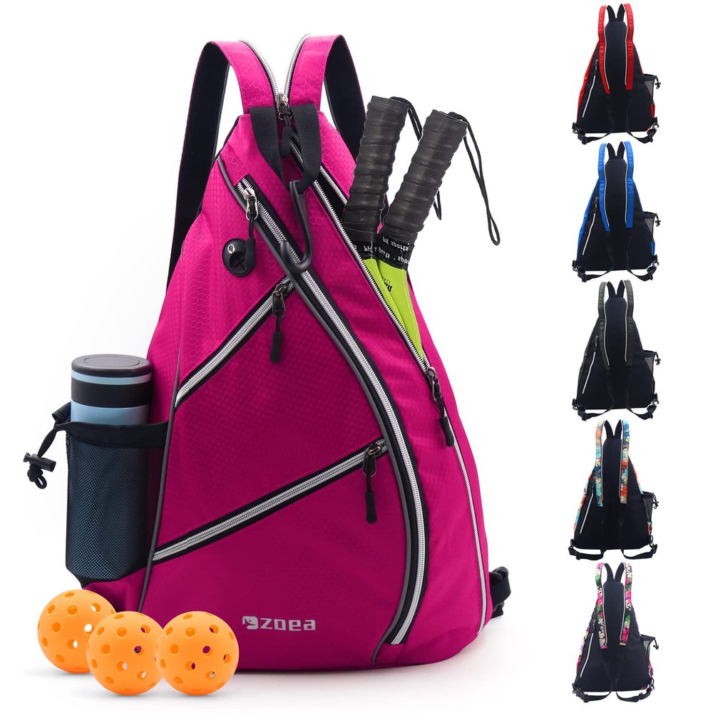 ZOEA Pickleball Bag, Sport Pickleball Sling Bag for Women Man, Adjustable Pickleball Backpack with Water Bottle Holder, Fits 4 Paddles and All Your Other Gear (Rose Red)