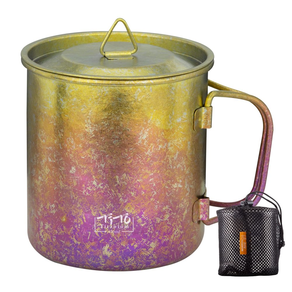 TiTo Titanium Cup Titanium Pot with Lid Ultralight Portable 450ml Foldable Handle Camping Tea Coffee Water Mug for Outdoor Backpacking Hiking Picnic Drinkware with Mesh Sack (Colorful)
