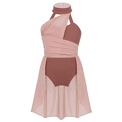 Fldy Kids Girls Lyrical Dance Costumes Modern Jazz Dancewear Sleeveless Mesh Dress Ballet Dance Outfits Dusty Pink 12 Years