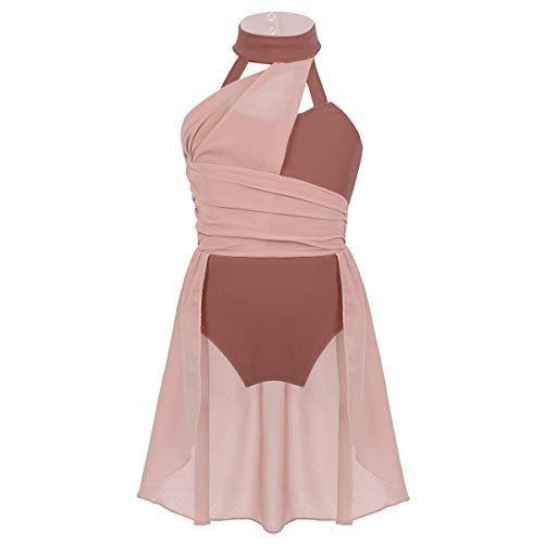 Fldy Kids Girls Lyrical Dance Costumes Modern Jazz Dancewear Sleeveless Mesh Dress Ballet Dance Outfits Dusty Pink 12 Years