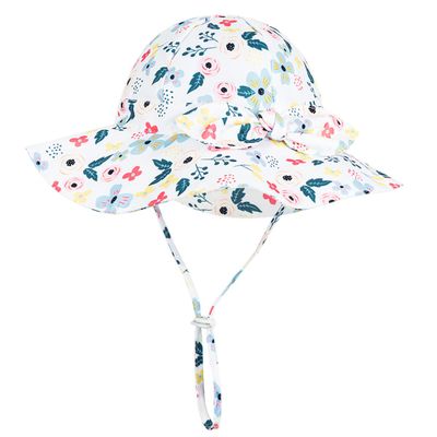 Baby Girl Sun Hat with UPF 50+ Outdoor Adjustable Beach Hat with Wide Brim Bucket Hats (2-3 Years, Pink-Blue Printing)