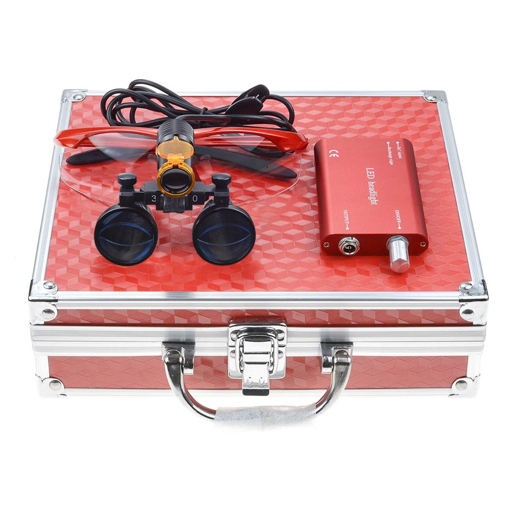 5W LED Headlamp with Filter + 3.5X 420 Binocular Loupes Magnifying Glasses Aluminum Box (Red)
