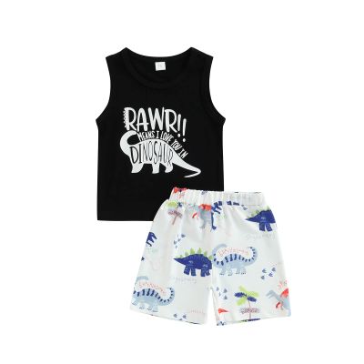 Muasaaluxi Newborn Baby Boys Shorts Set Sleeveless Letter Printed Tank Top T-Shirt Dinosaur Shorts Summer Outfits (Black, 2-3T)