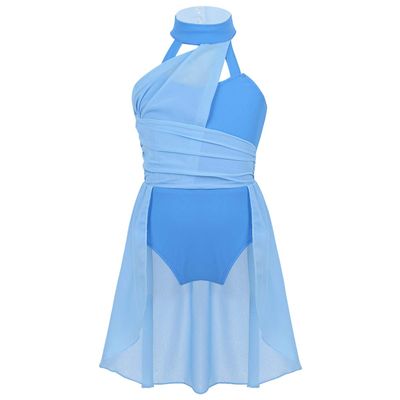 Fldy Kids Girls Lyrical Dance Costumes Modern Jazz Dancewear Sleeveless Mesh Dress Ballet Dance Outfits Light Blue 12 Years