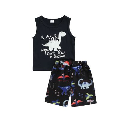 Muasaaluxi Newborn Baby Boys Shorts Set Sleeveless Letter Printed Tank Top T-Shirt Dinosaur Shorts Summer Outfits (Navy Blue, 0-6 Months)