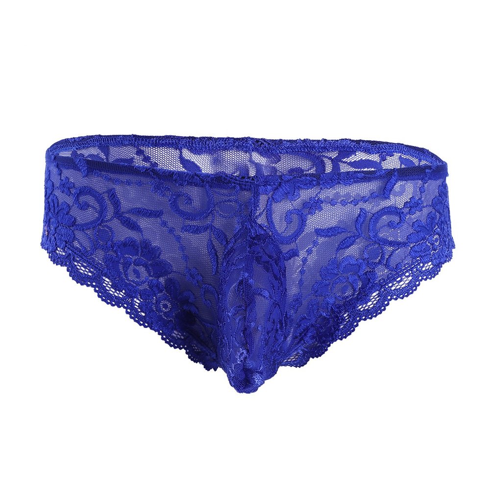 Daenrui Men's Floral Lace Sissy Pouch Panties See Through Bikini Briefs Lingerie Thongs Underwear Blue Large