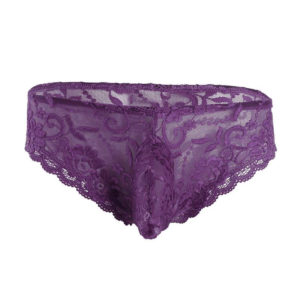 Daenrui Men's Floral Lace Sissy Pouch Panties See Through Bikini Briefs Lingerie Thongs Underwear Purple X-Large