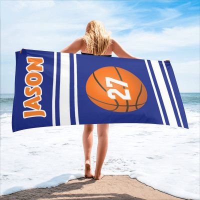 XOZOTY Personalized Blue Basketball Player Name Beach Towel with Name Summer Yoga Mat for Sport Baketball Baseball Gift 30 x 60 inches,2 Sides Printed