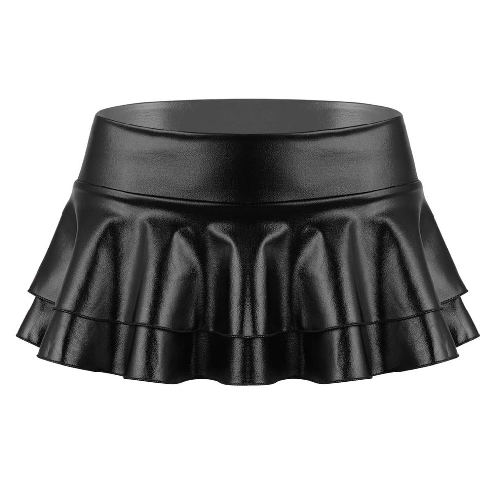 Fldy Women's Solid Novelty Metallic Pleated Mini Skirt Double Layer Tutu Flare Dance Dresses Black Large