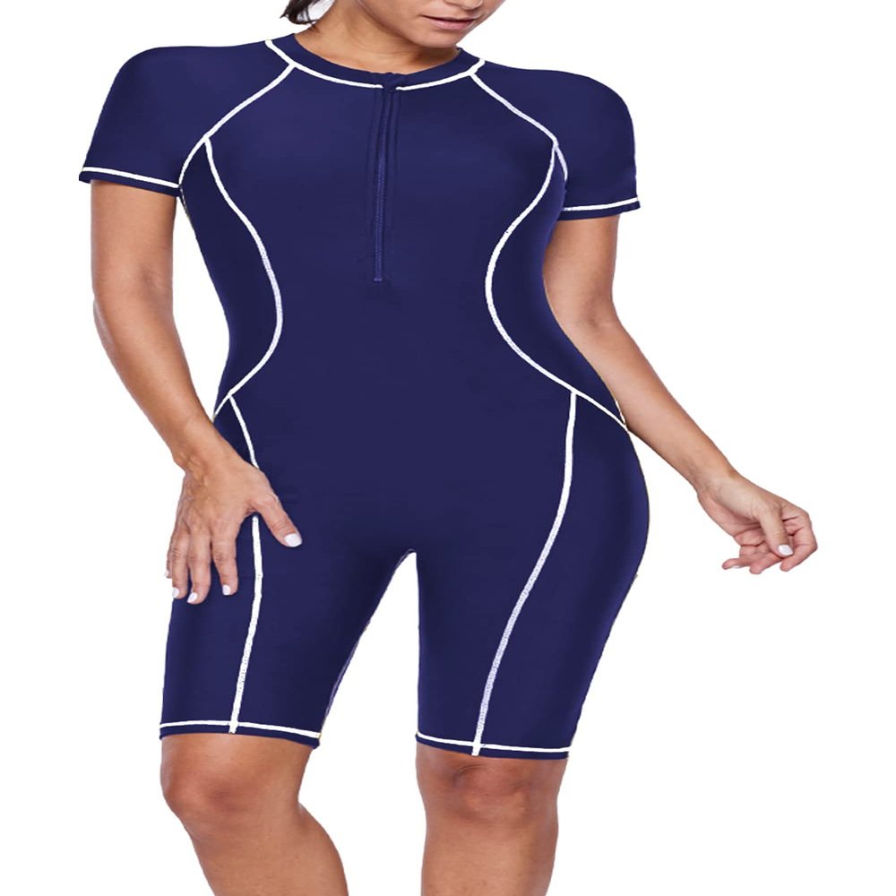 FEOYA Boyleg Swimsuits for Womens Modest One Piece Swimsuits Zipper Bodysuit Swim Contrast Tech Suit Purple