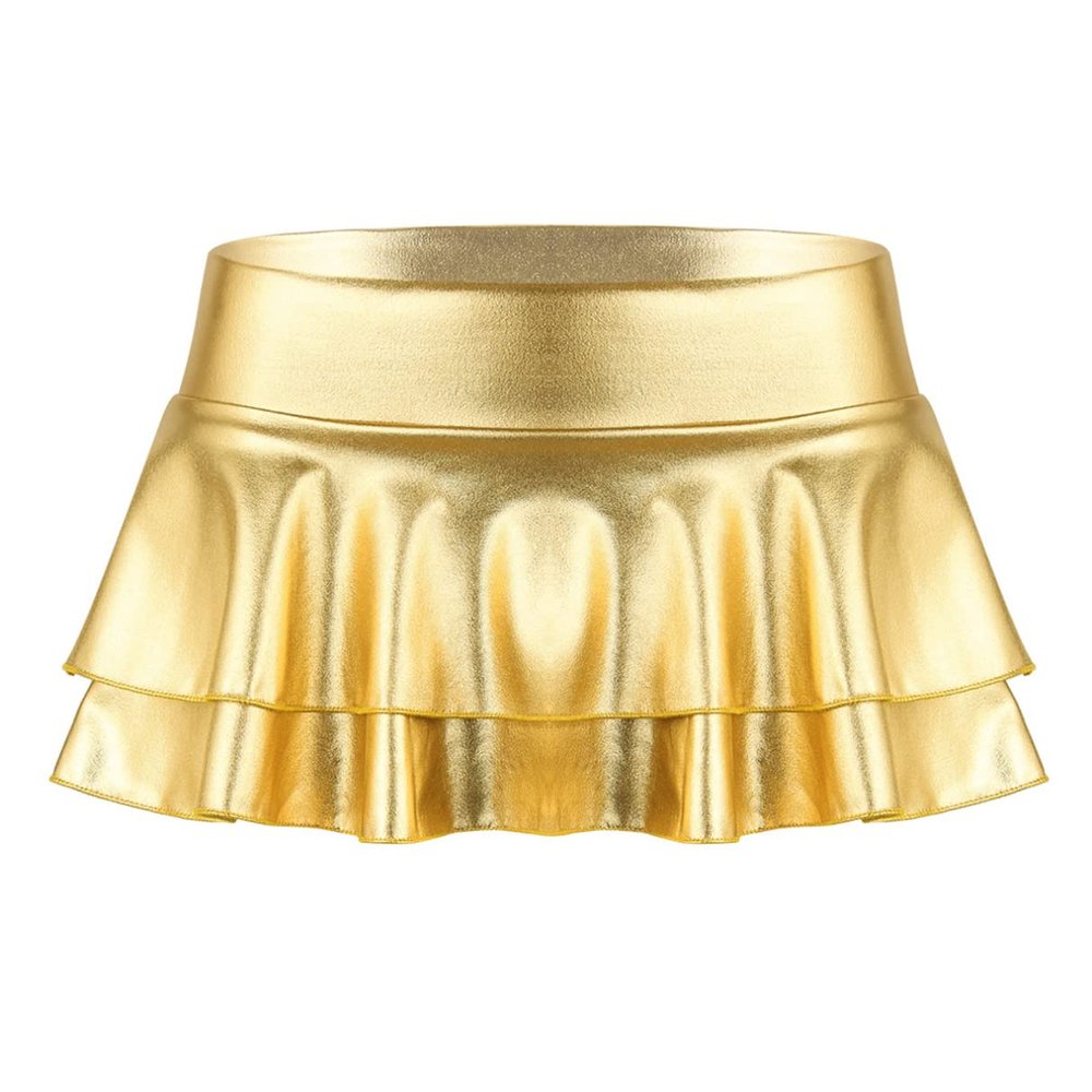 Fldy Women's Solid Novelty Metallic Pleated Mini Skirt Double Layer Tutu Flare Dance Dresses Gold XX-Large