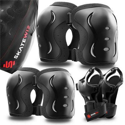 SKATEWIZ Knee and Elbow Pads for Kids 5-8 - Impact Size XS Black - Knee Pads for Kids - Wrist Guards for Skating Scooter Roller Skates Skateboard - Ice Skates Ages 6-12