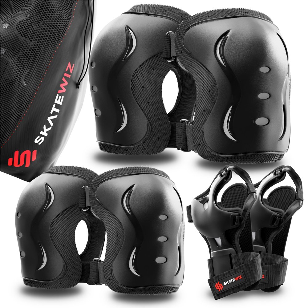 SKATEWIZ Knee and Elbow Pads for Kids 5-8 - Impact Size XS Black - Knee Pads for Kids - Wrist Guards for Skating Scooter Roller Skates Skateboard - Ice Skates Ages 6-12