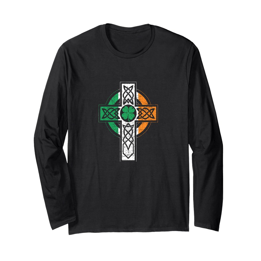 Irish Celtic Knot Christian Cross Ireland Flag Shamrock Long Sleeve T-Shirt