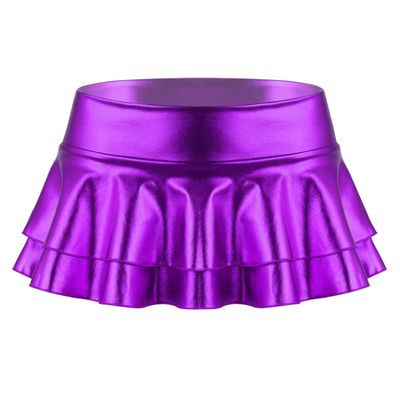 Fldy Women's Solid Novelty Metallic Pleated Mini Skirt Double Layer Tutu Flare Dance Dresses Purple XX-Large