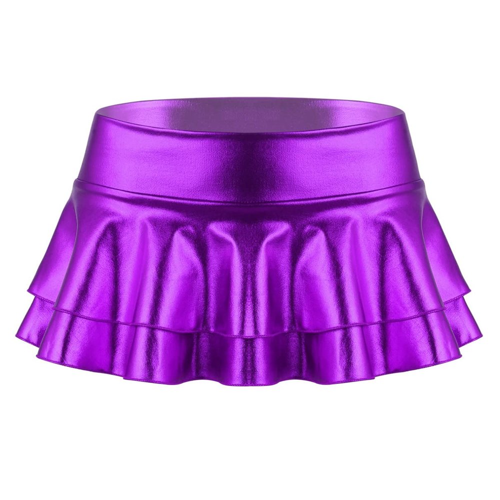 Fldy Women's Solid Novelty Metallic Pleated Mini Skirt Double Layer Tutu Flare Dance Dresses Purple XX-Large