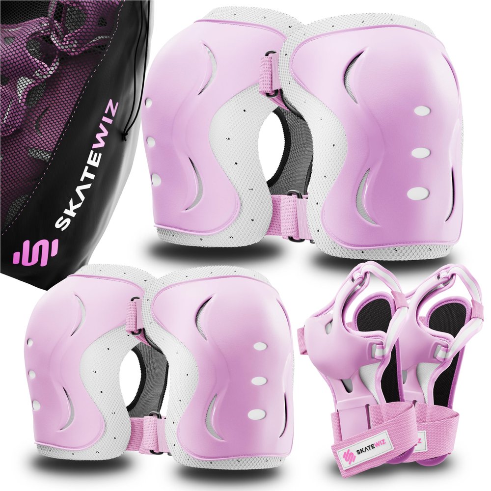 SKATEWIZ Knee and Elbow Pads for Kids 5-8 - Impact Size XS Pink White - Knee Pads for Kids - Wrist Guards for Skating Scooter Roller Skates Skateboard - Ice Skates Ages 6-12