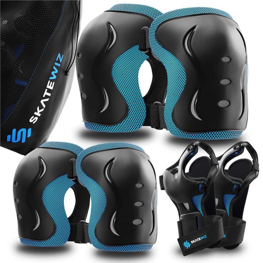 SKATEWIZ Knee and Elbow Pads for Kids 8-14 - Impact Size S Blue - Knee Pads for Kids - Wrist Guards for Skating Scooter Roller Skates Skateboard - Ice Skates Ages 6-12