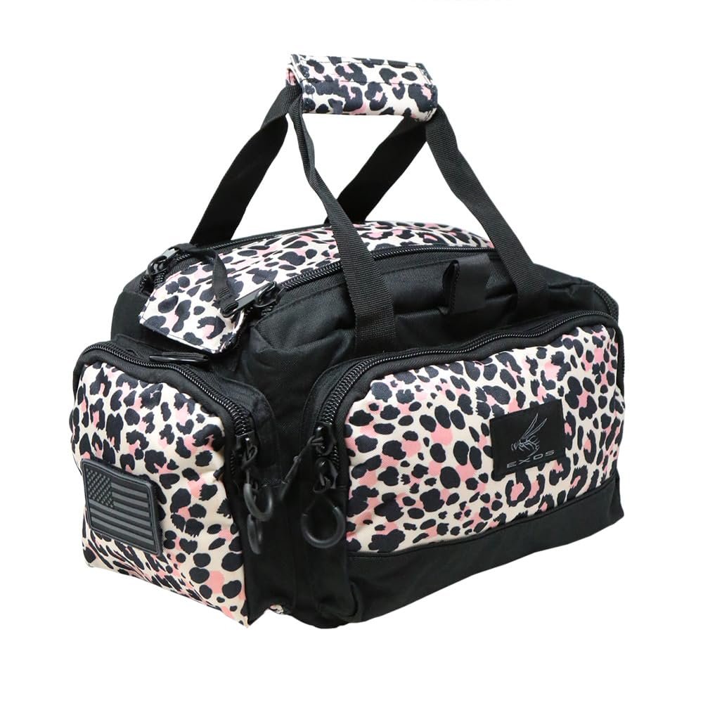 Exos Tactical Range Bag - Medium Size Range Bag for Shooting - Gun Case for Handguns, Ammo Storage, Tactical Backpack, Molle Webbing, Free Subdued USA Patch, Designed in the USA (Pink Leapord)