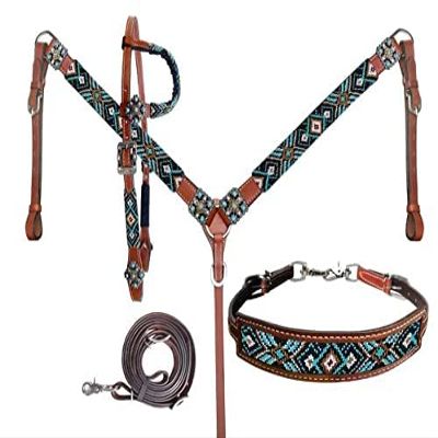 Showman Black & Turquoise Beaded Southwest Design Single Ear Leather Headstall & Breast Collar Set, Average Full Size Horse