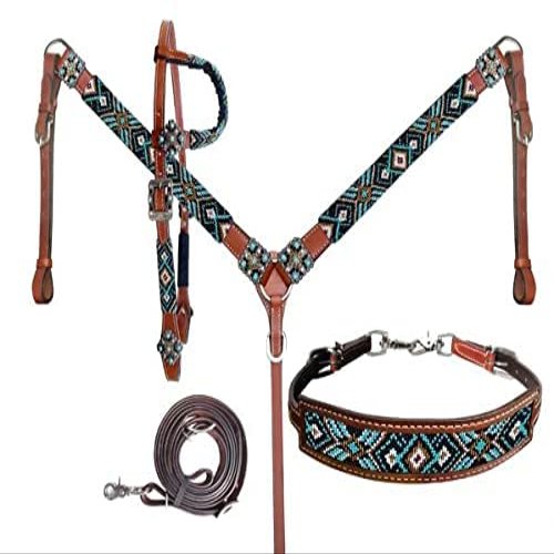 Showman Black & Turquoise Beaded Southwest Design Single Ear Leather Headstall & Breast Collar Set, Average Full Size Horse
