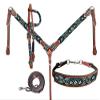 Showman Black & Turquoise Beaded Southwest Design Single Ear Leather Headstall & Breast Collar Set, Average Full Size Horse view 4