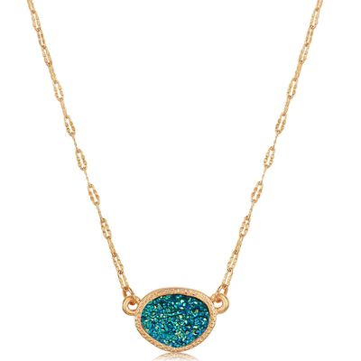 Teal Necklace for Women - Teal Jewelry, Dark Blue and Gold Tone Necklace for Women with Iridescent Simulated Druzy Stone, Boho Gold Tone Chain, Dainty Simple Pendant, Bohemian Preppy Delicate Chain