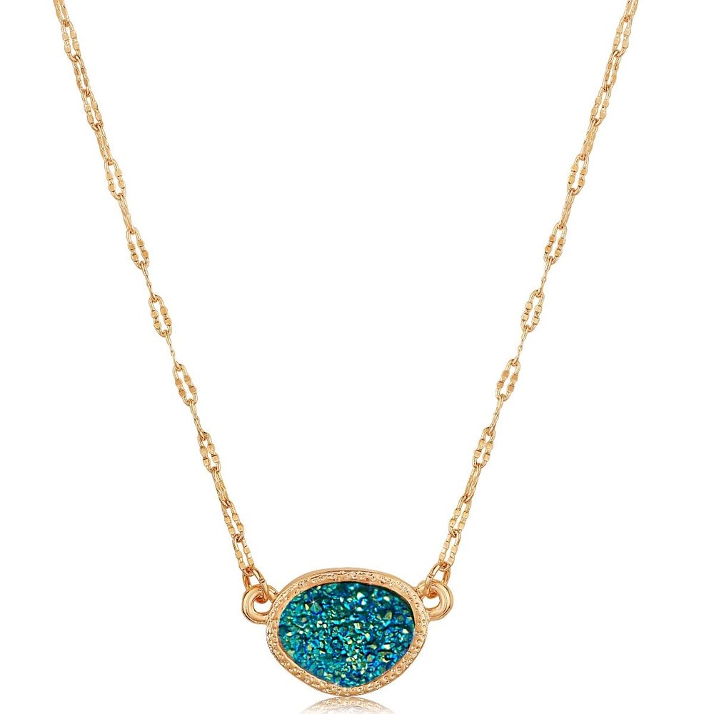 Teal Necklace for Women - Teal Jewelry, Dark Blue and Gold Tone Necklace for Women with Iridescent Simulated Druzy Stone, Boho Gold Tone Chain, Dainty Simple Pendant, Bohemian Preppy Delicate Chain