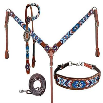 Showman Blue Beaded Southwest Design Single Ear Leather Headstall & Breast Collar Set, Average Full Size Horse