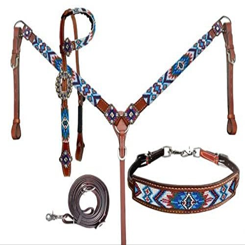 Showman Blue Beaded Southwest Design Single Ear Leather Headstall & Breast Collar Set, Average Full Size Horse