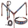 Showman Blue Beaded Southwest Design Single Ear Leather Headstall & Breast Collar Set, Average Full Size Horse view 1