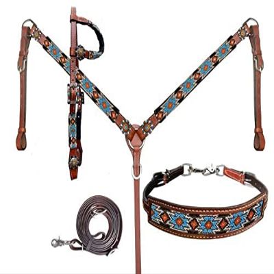 Showman Orange & Turquoise Beaded Southwest Design Single Ear Leather Headstall & Breast Collar Set