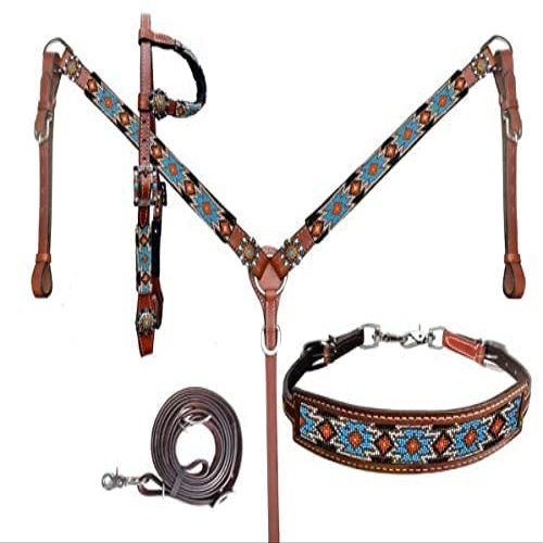 Showman Orange & Turquoise Beaded Southwest Design Single Ear Leather Headstall & Breast Collar Set