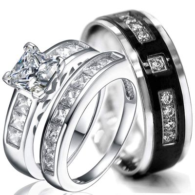 Kingsway Jewelry 925 Sterling Silver Rings Set  1.24ct Princess Cut Cubic Zirconia Rings for Women and Men  3-Pc Engagement Matching Rings for Couples  Premium Wedding Rings Set for Him and Her