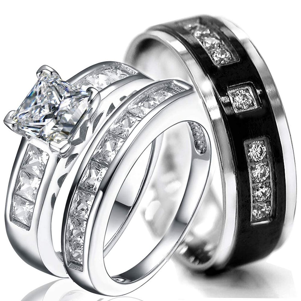 Kingsway Jewelry 925 Sterling Silver Rings Set  1.24ct Princess Cut Cubic Zirconia Rings for Women and Men  3-Pc Engagement Matching Rings for Couples  Premium Wedding Rings Set for Him and Her