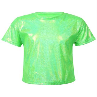 Aislor Girls Boys Shiny Metallic Modern Dance Jazz Top Short Sleeve Shirt Athletic T-Shirt Performance Blouse Dancewear Fluorescent Green 5-6 Years