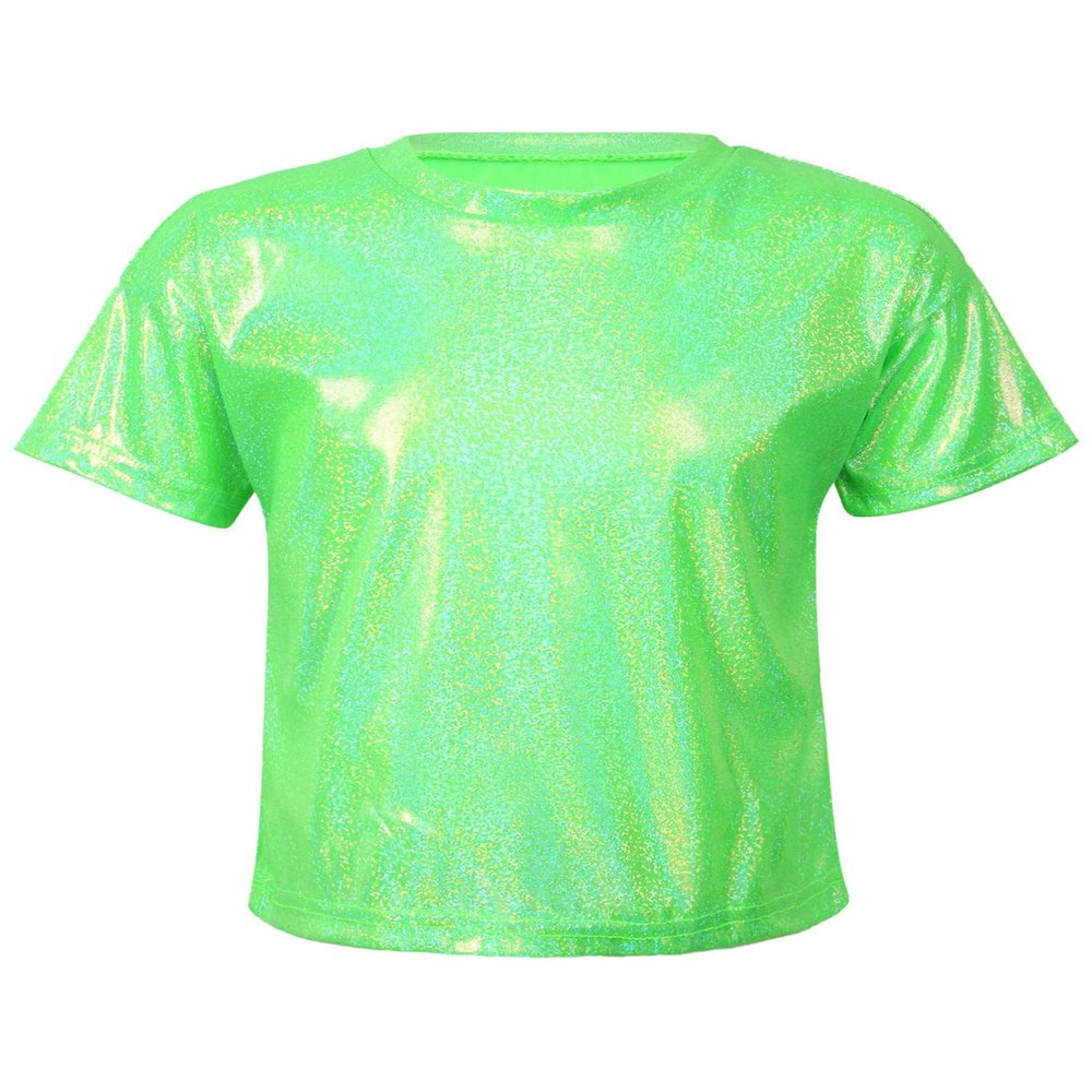 Aislor Girls Boys Shiny Metallic Modern Dance Jazz Top Short Sleeve Shirt Athletic T-Shirt Performance Blouse Dancewear Fluorescent Green 5-6 Years