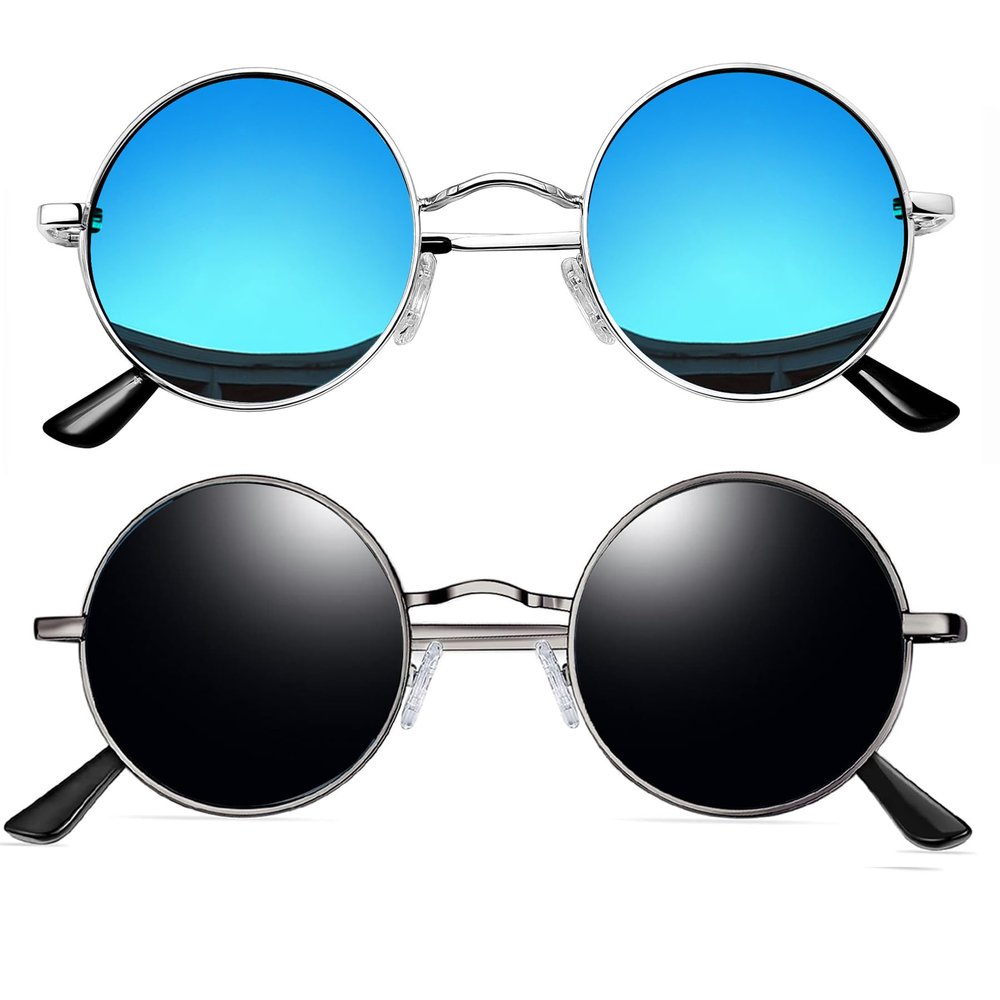 Joopin Hippie Round Sunglasses Polarized UV Protection Circular Shades for Men Women Circle Sun Glasses Costume (Mirrored Blue + Black)