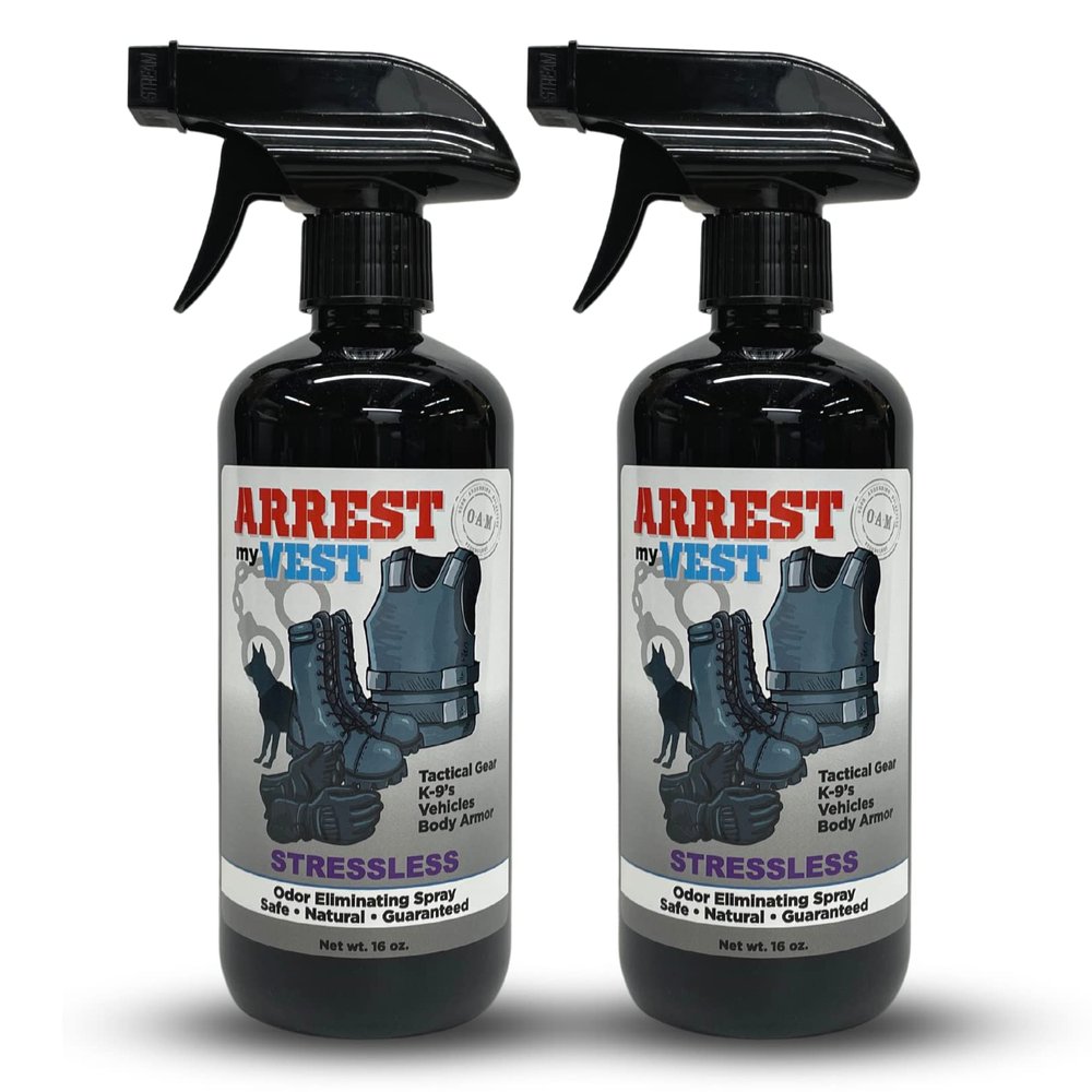 Arrest My Vest - Vest Odor Eliminating Spray for Body Armor, Tactical Gear, K9 Equipment, & Weighted Workout Vests Safe on All Ballistic Vests, Fabrics, & Police Gear Stressless Scent 2 16 oz Bottles