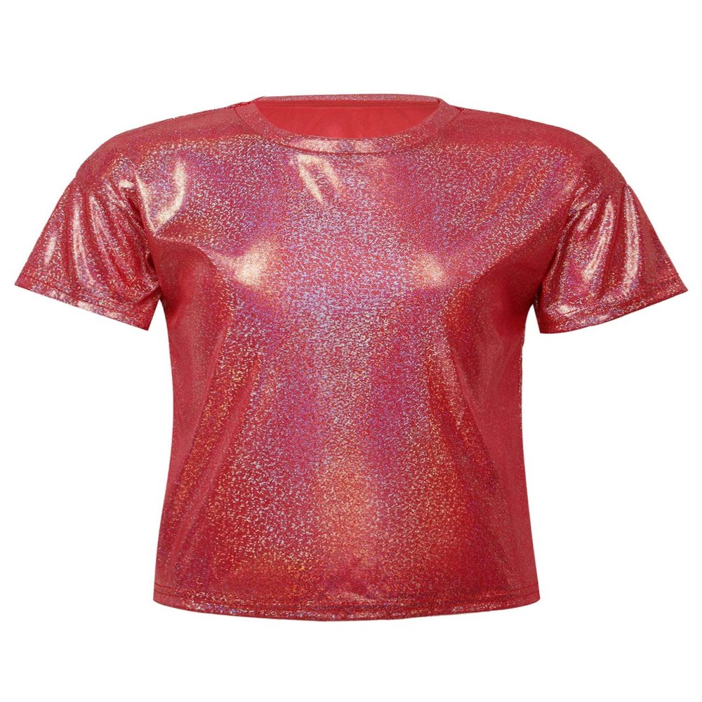 Aislor Girls Boys Shiny Metallic Modern Dance Jazz Top Short Sleeve Shirt Athletic T-Shirt Performance Blouse Dancewear Red 3-4 Years