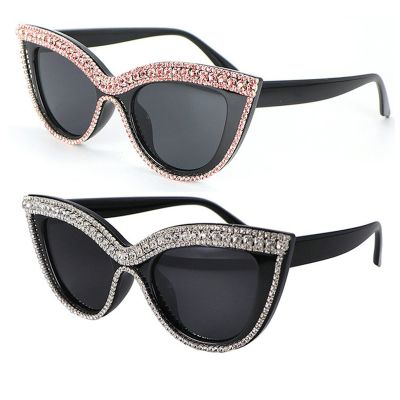 mincl Fashion Womens Rhinestone Sunglasses Retro Black Cat Eye Sunglasses Crystal Sparkle For Women with UV protection (2pcs-pink&silver black)
