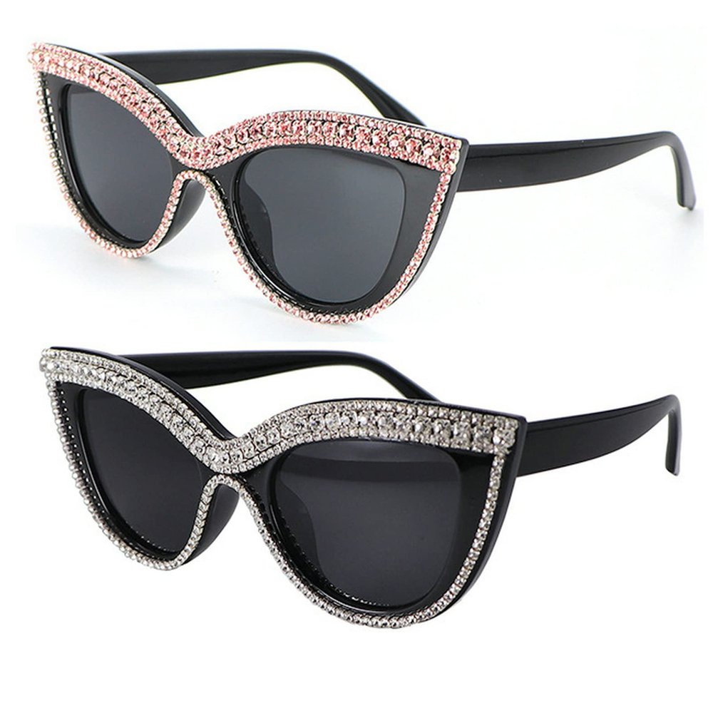 mincl Fashion Womens Rhinestone Sunglasses Retro Black Cat Eye Sunglasses Crystal Sparkle For Women with UV protection (2pcs-pink&silver black)