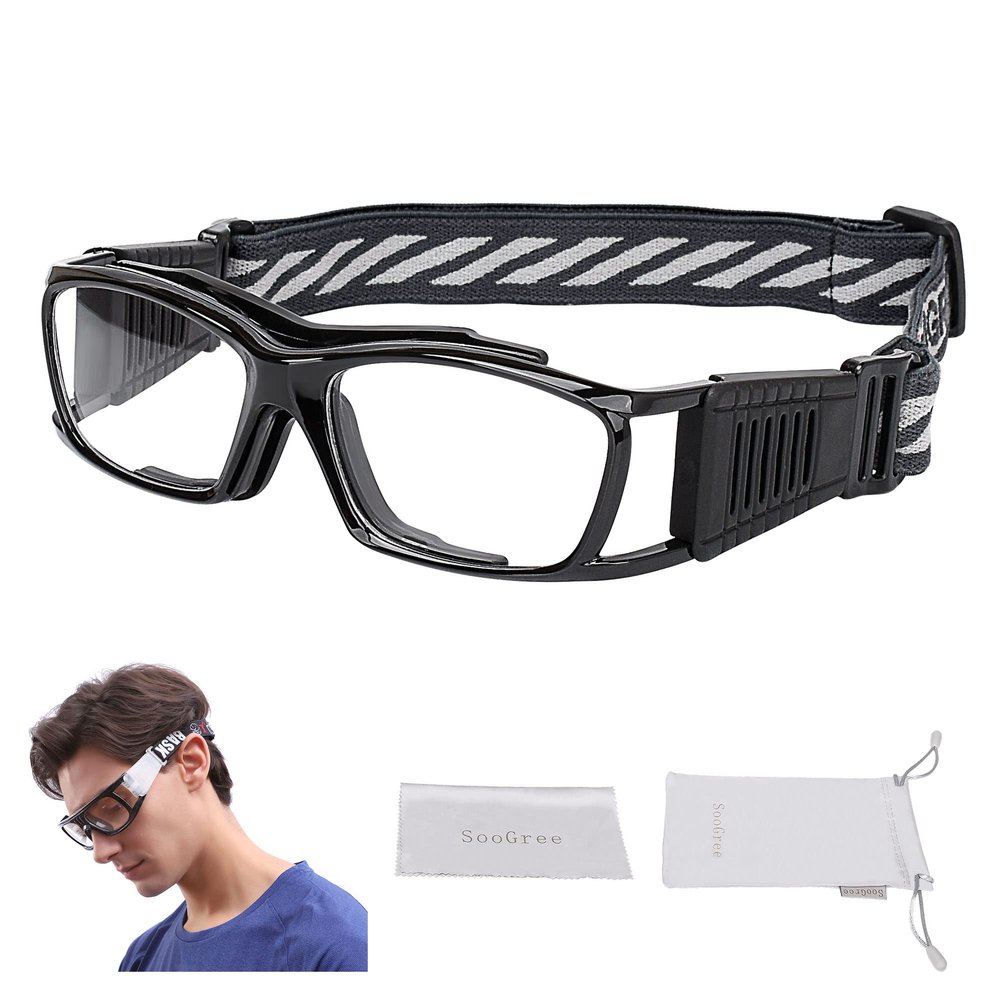 SooGree Racquetball Goggles - Sports Glasses Basketball Football Protective Eyewear Anti Fog Shock Absorption with Adjustable Strap (G8015 Black frame black pad)