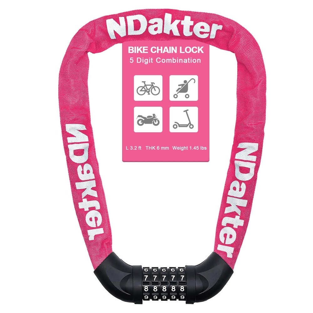 NDakter Bike Lock, 5 Digit Combination Heavy Duty Anti Theft Bicycle Chain Lock, 2.62/3.2/4.27/5/6Ft Long, High Security Resettable, Suitable for Bike, Scooter, Door, Gate, Fence-4/6mm Thick