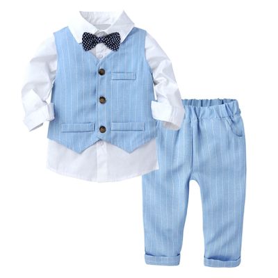 Sywiyi Toddler Boys 3Pcs Gentleman Party Suits Lapel Collar Shirt with Bowtie Single Breasted Vest Pant Formal Sets Blue 9-12 Months
