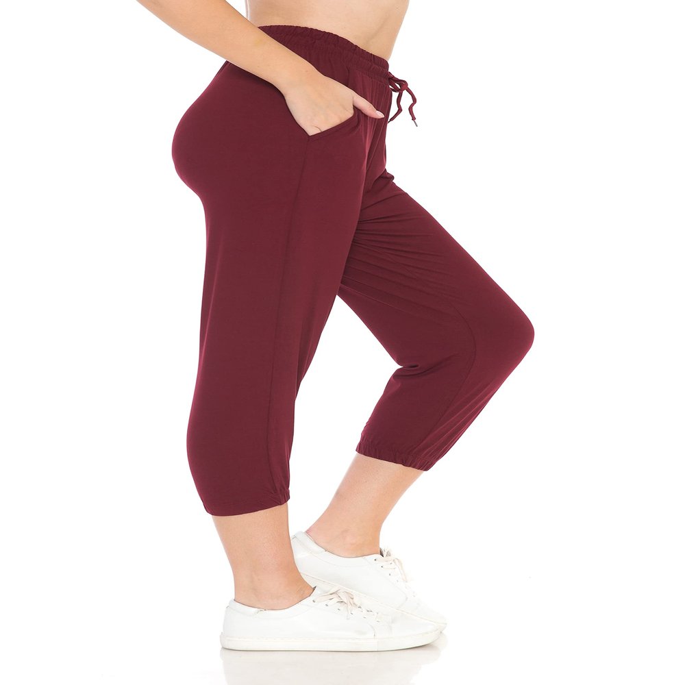 Leggings Depot Womens Relaxed fit Jogger Pants - Track Cuff Sweatpants with Pockets, Capri-Burgundy, Small