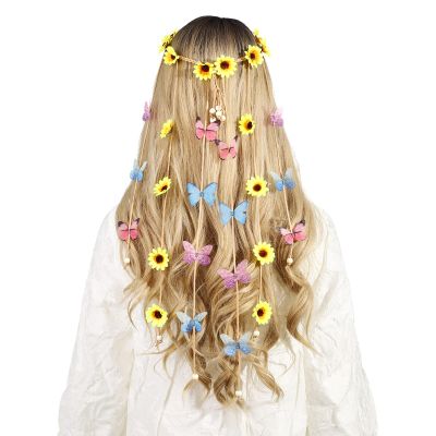 AWAYTR Sunflower Headband Women Hippie Headwear Bohomia Feather Rope Crown Headdres for girls (Yellow Sunflower + Butterfly)