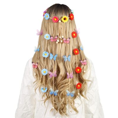 AWAYTR Sunflower Headband Women Hippie Headwear Bohomia Feather Rope Crown Headdres for girls (Colorful Sunflower + Butterfly)